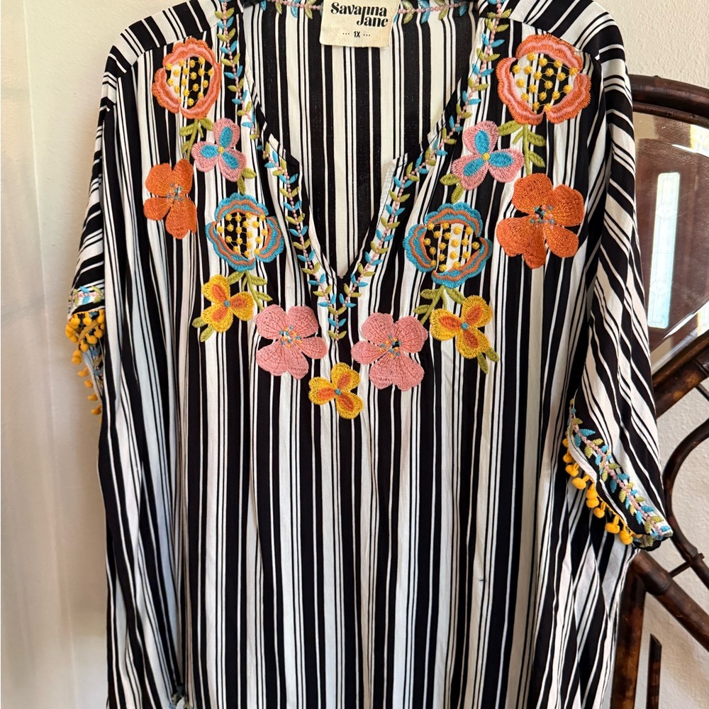 Savanna Jane Black Striped Embroidered Top